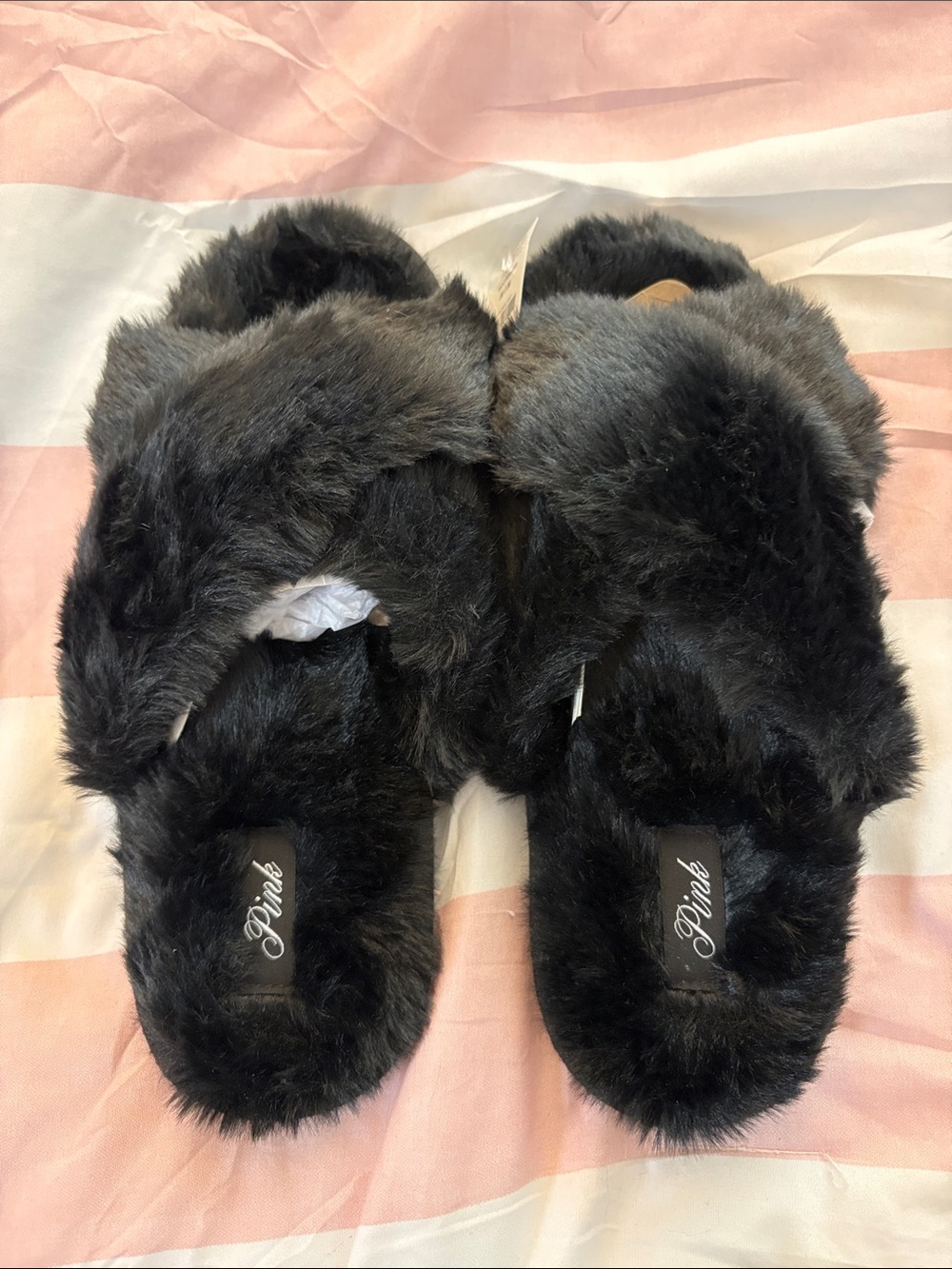 PINK Victoria's Secret Black Fuzzy Crisscross Slide Slippers